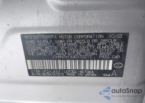 2004 Lexus Ls 430 из США, поврежденный, VIN JTHBN36FX40133277